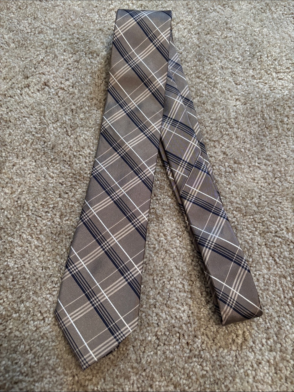 Michael Kors Brown Plaid Silk Tie with Navy and Cream Stripes